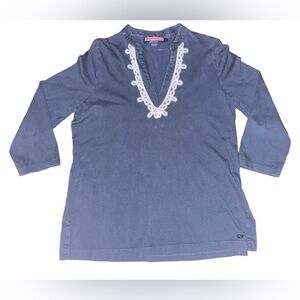 Vineyard Vine Embroidered V-neck Navy Blue Tunic